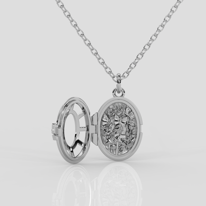 Platinum Fairytale Locket from London jewellery designer, Georgina Yvonne's, award winning Wonderland jewellery collection. With butterfly and enchanted forest scene. 