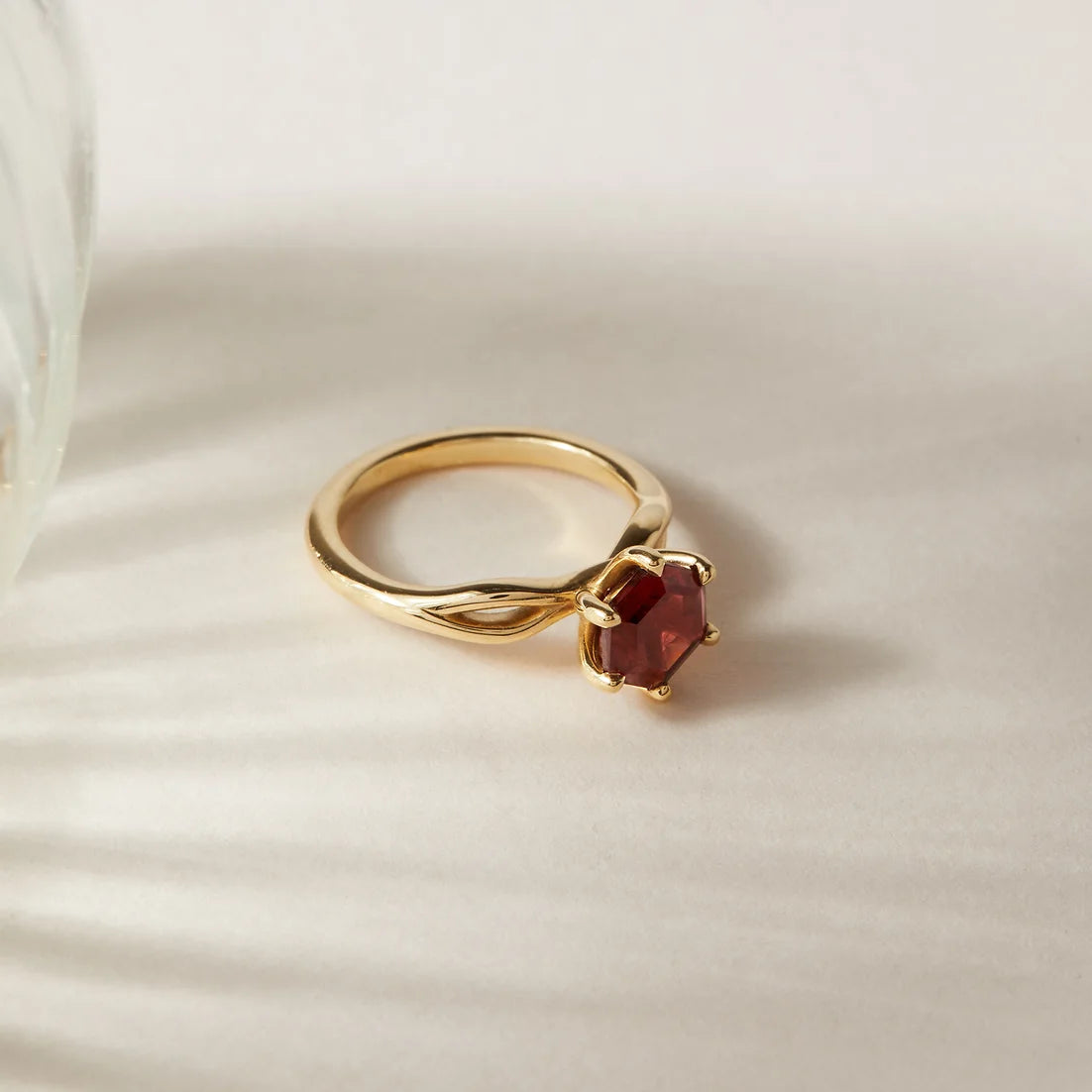 Hexagon Garnet 18ct yellow gold engagement ring by award winning London jewellery designer, Georgina Yvonne