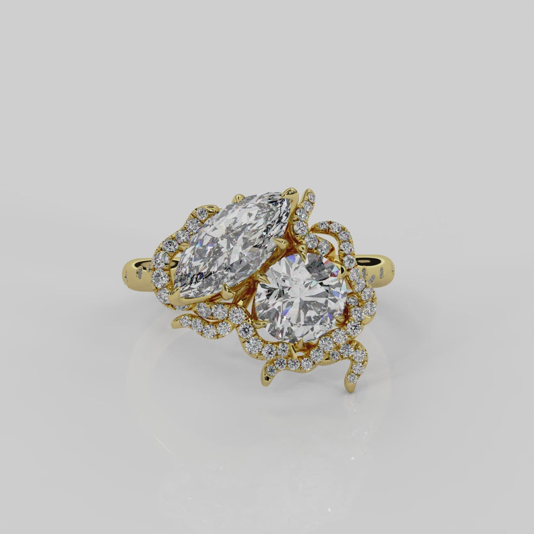 18ct yellow gold and lab grown diamond toi et moi marquise diamond and round brilliant cut diamond engagement ring by London jewellery designer, Georgina Yvonne