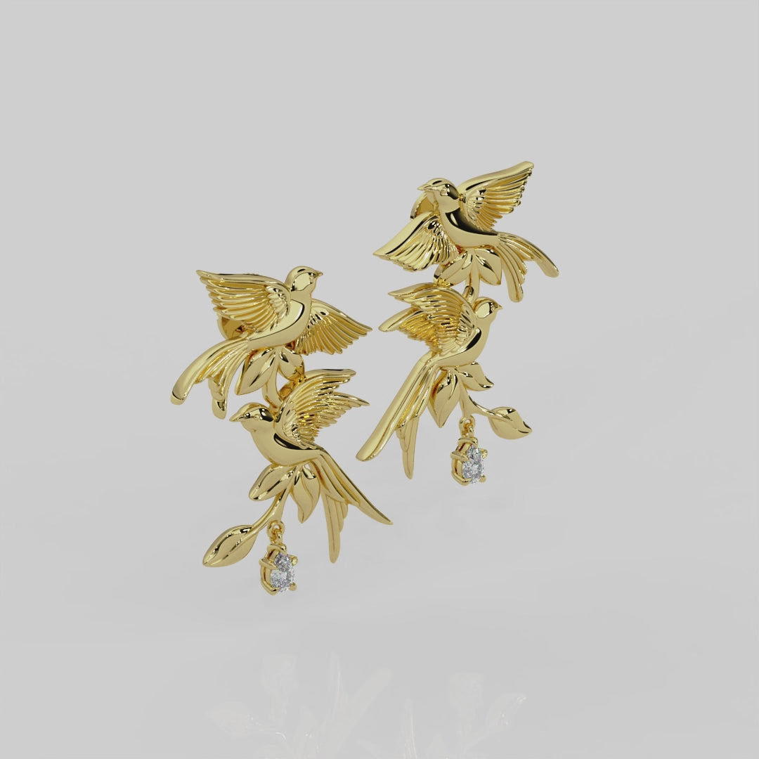 18ct yellow gold and diamond Bird Song Earrings by London jewellery designer, Georgina Yvonne, from the award winning Wonderland jewellery collection.